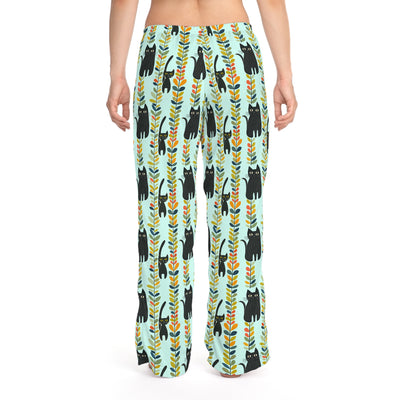 Hand drawn abstract black cats with vines pajama pants