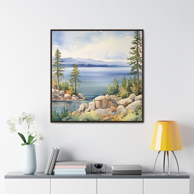 Watercolor Lake Tahoe Painting Printed on Canvas, South Lake Tahoe, California.  Framed print on canvas