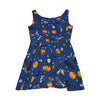 Halloween pattern featuring cute crows, skulls, bats, pumpkins, a few spiders, and some creepy tree branches, on a dress