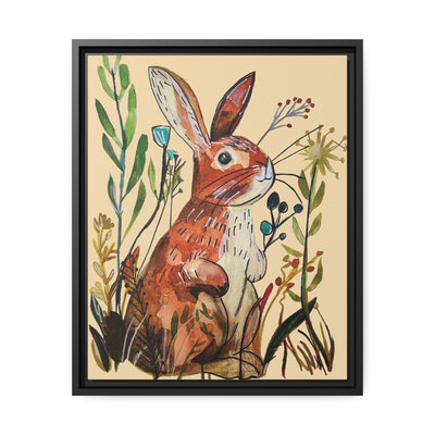 Brown Bunny in the Weeds, watercolor hand drawn, Matte Canvas, Black Frame