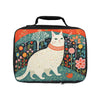 White cat in a field of flowers Lunch Bag