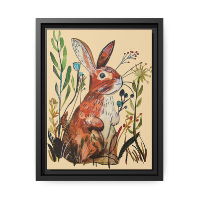 Brown Bunny in the Weeds, watercolor hand drawn, Matte Canvas, Black Frame