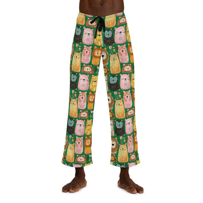 Lions and tigers and bears on mens pajama pants in dark green