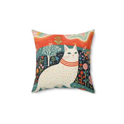 White cat pillow in a field of flowers, teal, orange, white