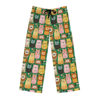 Lions and tigers and bears on mens pajama pants in dark green