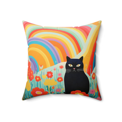 Black cat with flowers and rainbows pillow