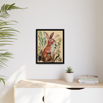 Brown Bunny in the Weeds, watercolor hand drawn, Matte Canvas, Black Frame