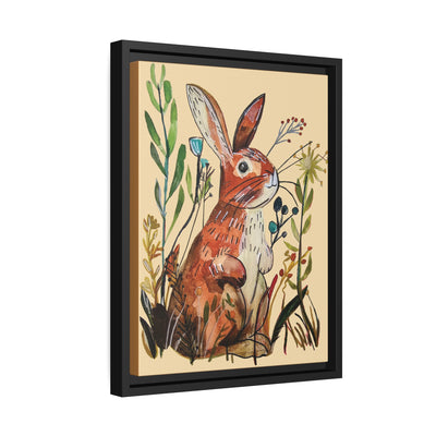 Brown Bunny in the Weeds, watercolor hand drawn, Matte Canvas, Black Frame