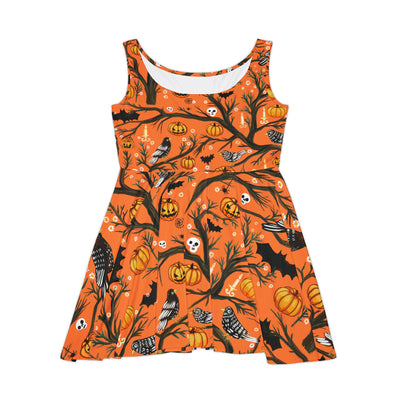 This is the perfect halloween dress, featuring cute crows, skulls, bats, pumpkins, a few spiders, and some creepy tree branches, on a dress