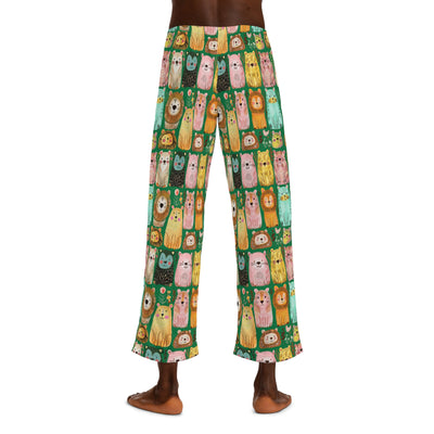 Lions and tigers and bears on mens pajama pants in dark green