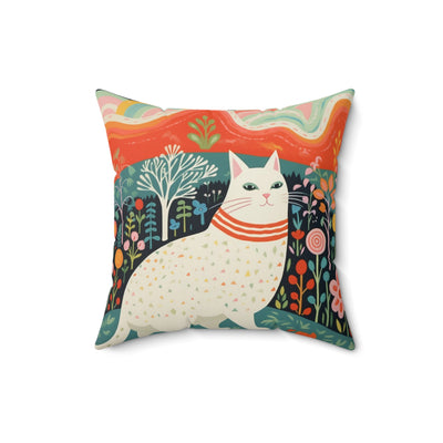 White cat pillow in a field of flowers, teal, orange, white