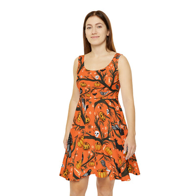 This is the perfect halloween dress, featuring cute crows, skulls, bats, pumpkins, a few spiders, and some creepy tree branches, on a dress