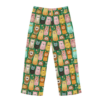 Lions and tigers and bears on mens pajama pants in dark green