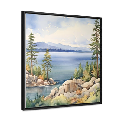 Watercolor Lake Tahoe Painting Printed on Canvas, South Lake Tahoe, California.  Framed print on canvas