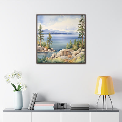 Watercolor Lake Tahoe Painting Printed on Canvas, South Lake Tahoe, California.  Framed print on canvas