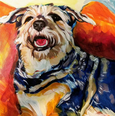 furry friend dog painting, ears up and looking happy